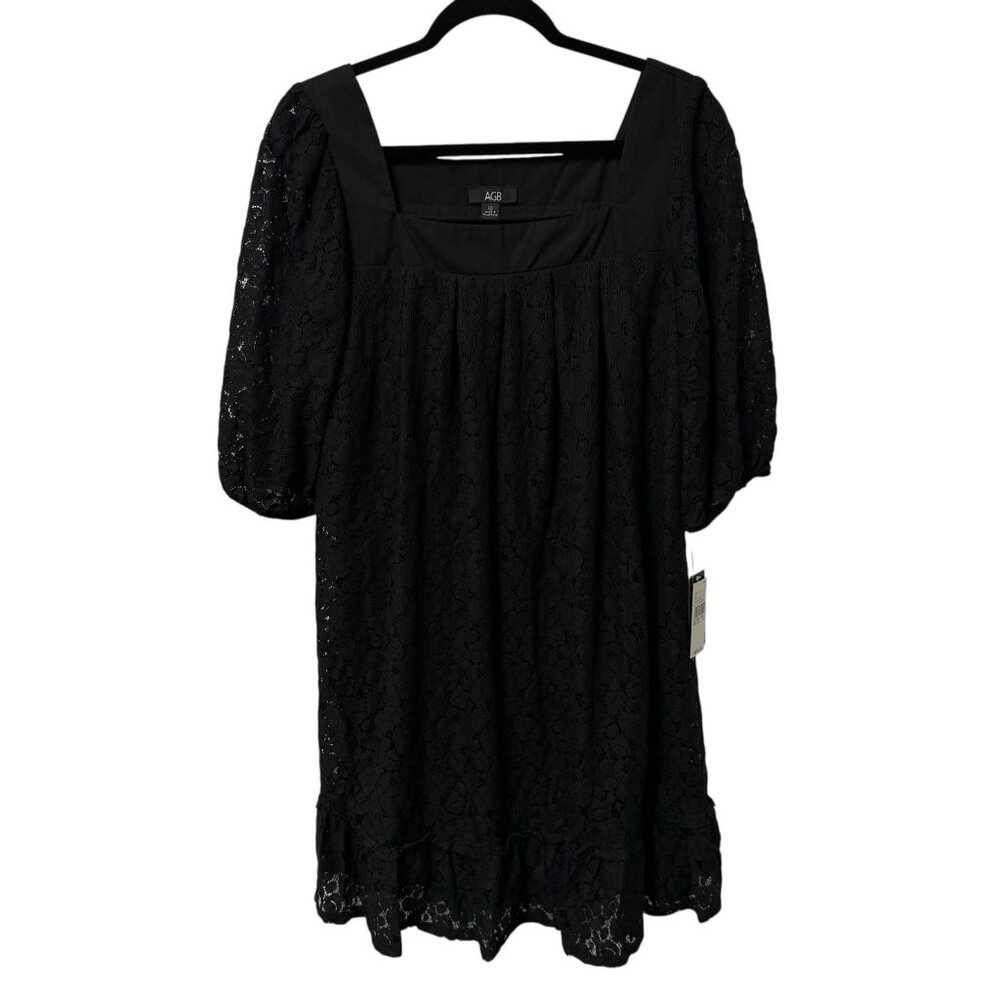 AGB DRESS LACE 3/4 SLEEVE SQUARE NECK BLACK BOHO SHIFT SZ 10 RUFFLE FEMININE NEW